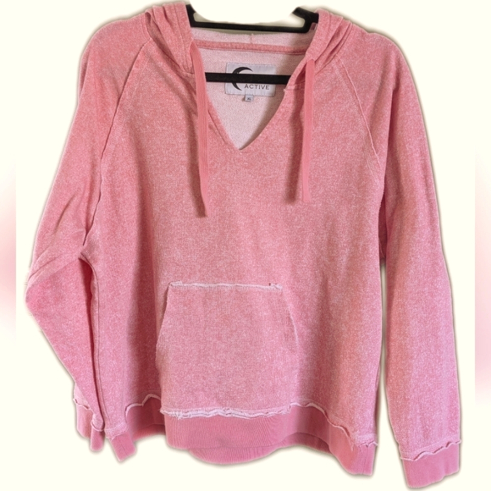 Zyia Active Beach Hooded Terry Pullover Sweatshirt Heathered Pink Cropped Xl
